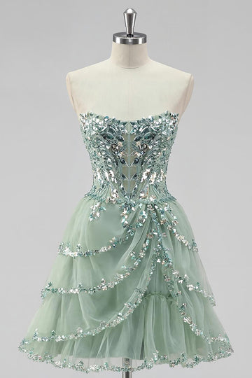 Dusty Sage Strapless Tiered A Line Homecoming Dress